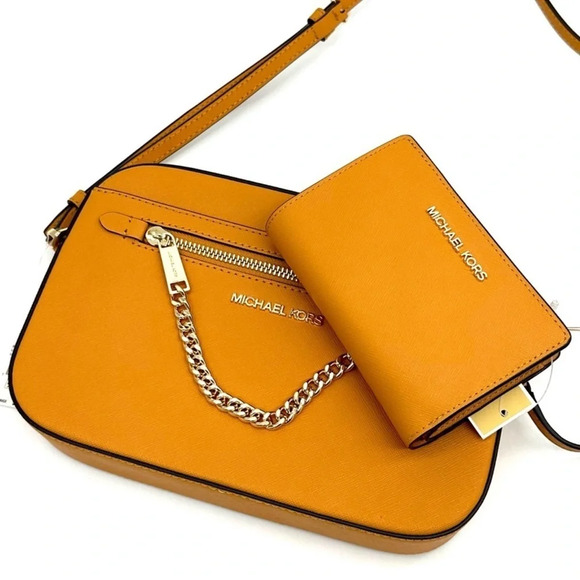 Michael Kors Large EW Crossbody Bag Cider & Medium Bifold Zip Chain Wallet Cider - Picture 6 of 14